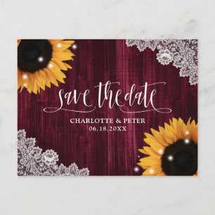 Burgundy Wood Sunflower Weddenschap bespaart datum Briefkaart