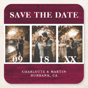 Burgundy Wood Weduwfoto Save the Date Vierkante Kartonnen Onderzetter