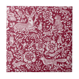 Burgundy Woodland Animal Forest Deer Rabbit Fox Tegeltje