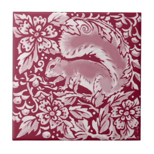 Burgundy Woodland Squirrel Forest Animal Floral   Tegeltje
