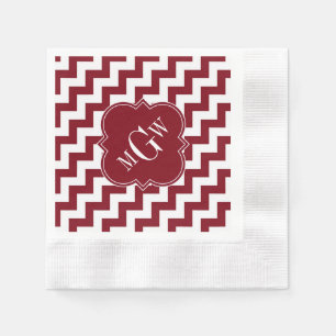 Burgundy Wt Chevron Burgundy Quatrefoil 3 Monogram Servetten