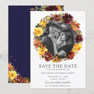 Burgundy Yellow Floral Foto Save the Date Kaart