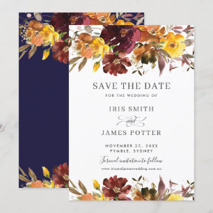 Burgundy Yellow Floral Wedding Save the Date Kaart