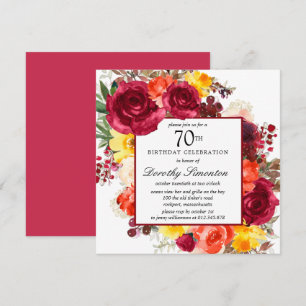 Burgundy Yellow Oranje Floral 70th Birthday Invita Kaart