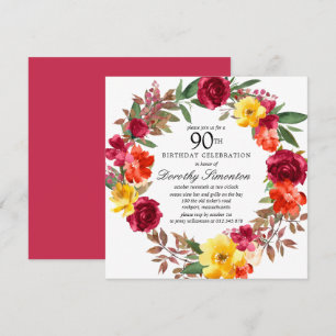 Burgundy Yellow Oranje Floral 90th Birthday Kaart