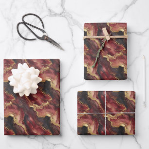 Burgundy, Zwart & Goud Marmer Inpakpapier Vel