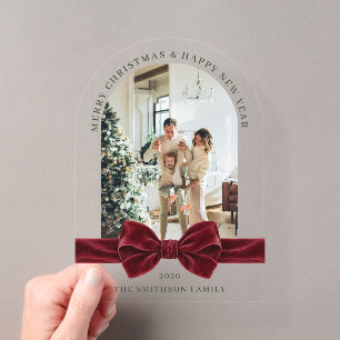 Burgundyrode strik foto Kerst acryl kaart Uitnodigingen
