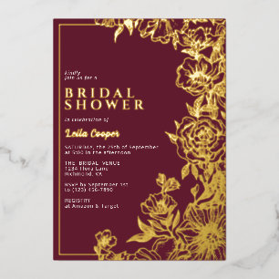 Burgundyrood + Goud Weelderige bordeauxrood brui Folie Uitnodiging