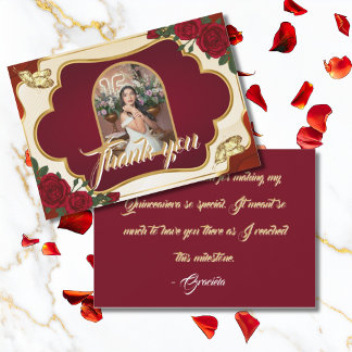 Burgundyrood & Gouden Roos Quinceañera-foto Bedankkaart