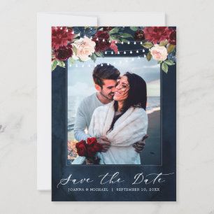 Burgundyrood marineblauw bloemmotief rustieke boho save the date