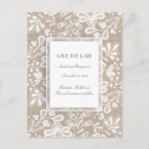 Burlap and Lace Elegant Bewaar de datum Aankondigingskaart