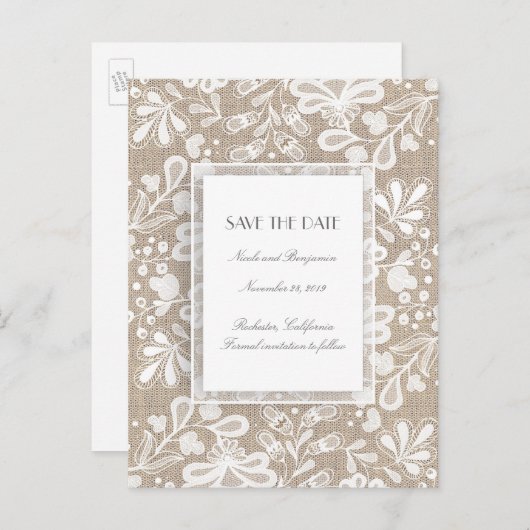 Burlap and Lace Elegant Bewaar de datum Aankondigingskaart (Voorkant / Achterkant)