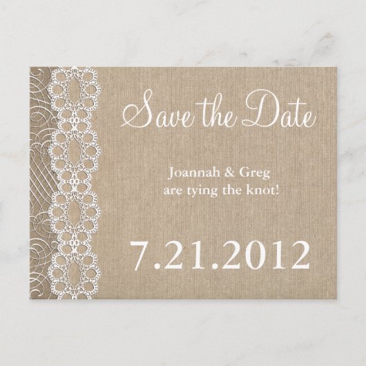 Burlap and Lace Rustic heeft de datum gered Aankondigingskaart (Voorkant)