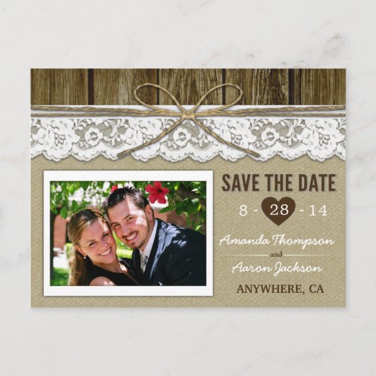 Burlap and Lace Save the Date Bruiloft Briefkaarte Aankondigingskaart (Voorkant)