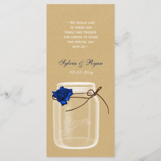 burlap and marine blue rose mason jar menu mariage (Dos)