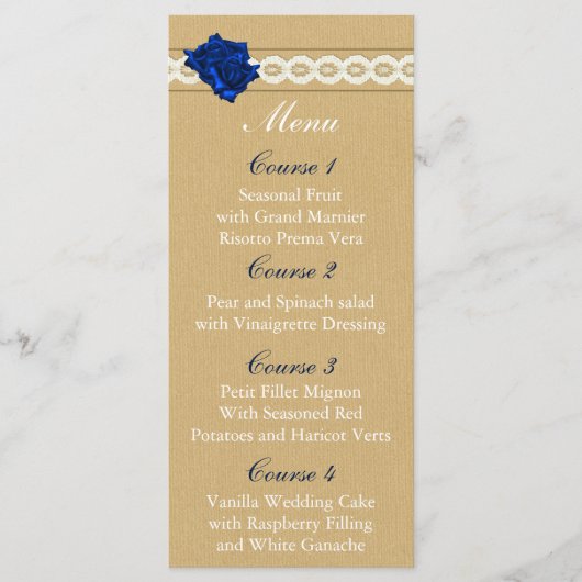burlap and marine blue rose mason jar menu mariage (Devant)