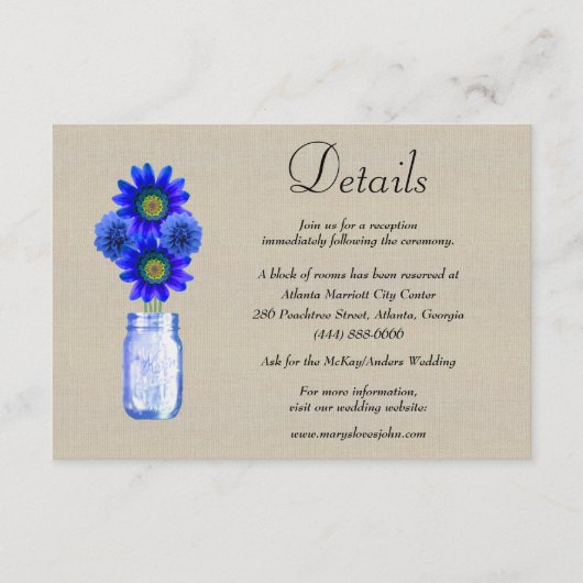 Burlap Blauw Bloemen Mason Jar Bruiloft Details Informatiekaartje (Voorkant)