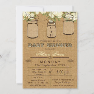 Burlap, bocaux de mason, Invitations baby showers 