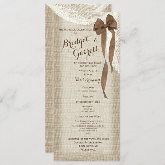 Burlap Bow and Lace Wedding Program Programma (Voorkant / Achterkant)