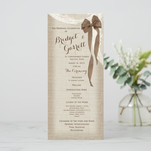 Burlap Bow and Lace Wedding Program Programma (Staand voorkant)