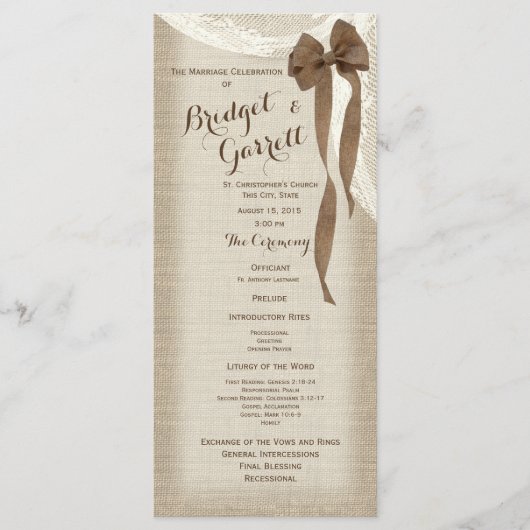Burlap Bow and Lace Wedding Program Programma (Voorkant)