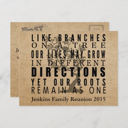 Burlap Branches Tree Family Reunion Invitation Uitnodiging Briefkaart (Voorkant / Achterkant)