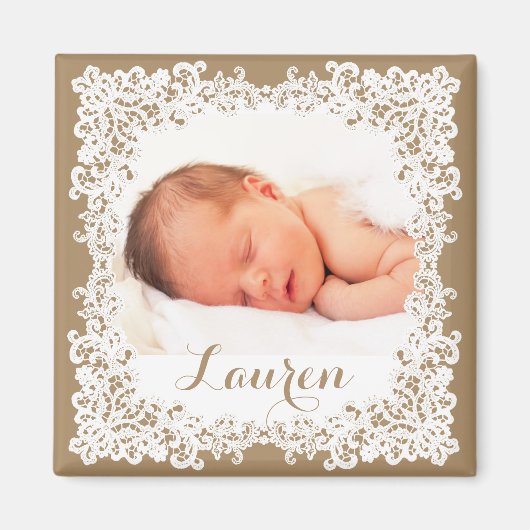 Burlap bruin & wit elegant kant fotoontwerp magneet (Voorkant)
