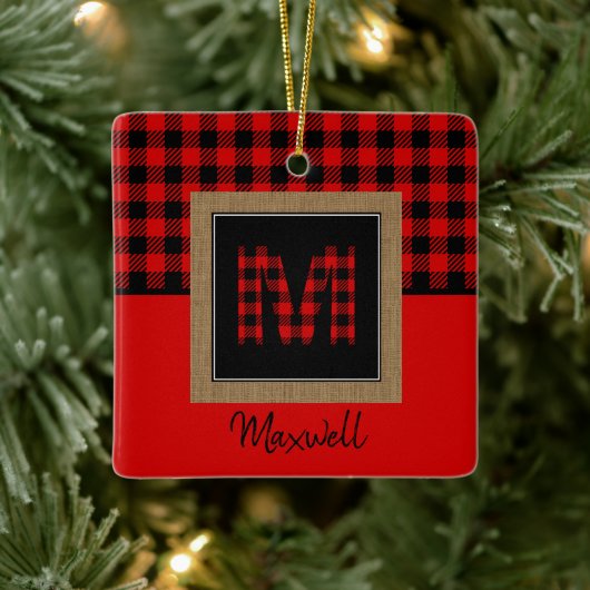Burlap Buffalo Plays Red Black Monogram Naam Keramisch Ornament (Boom)