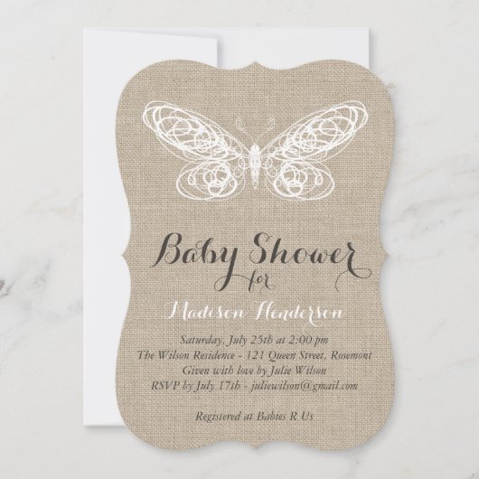 Burlap Butterfly Baby shower Invitation Kaart (Voorkant)