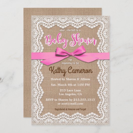 Burlap Canvas en Kant Baby shower Uitnodiging (Voorkant / Achterkant)