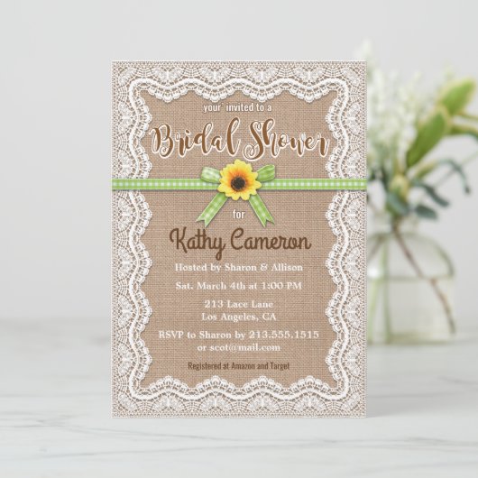 Burlap Canvas en kant bruids douche uitnodiging (Staand voorkant)