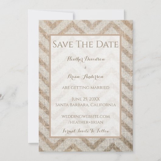 Burlap Chevron bewaart de datum aankondiging (Voorkant)