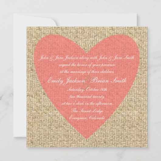 Burlap coeur rose invitation de mariage rustique (Devant)