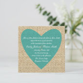 Burlap coeur turquoise invitation de mariage rusti (Debout devant)