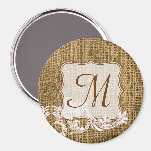 Burlap Country Lace Appliq Monogram Initiaal Magne Magneet (Voorkant / Achterkant)