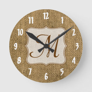 Burlap Country Lace Monogram Initialen wandklok Ronde Klok