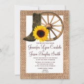 Burlap Cowboy Boots Wagon Wheel Sunflower Weddensc Kaart (Voorkant)