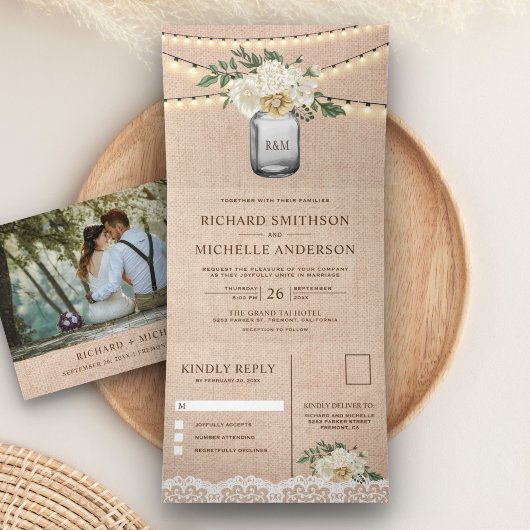 Burlap Cream Bloemen Mason Jar String Licht Bruilo Drieluik Uitnodiging