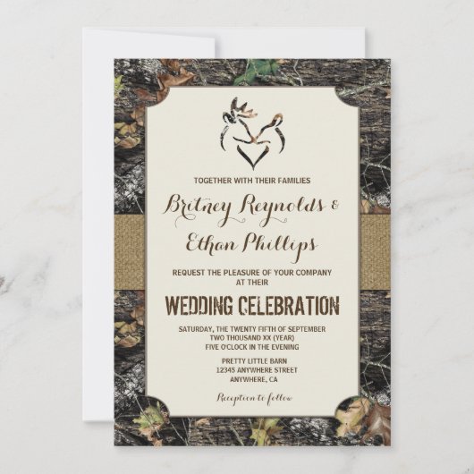 Burlap + Deer Hunting Camo Wedding Invitations Kaart (Voorkant)