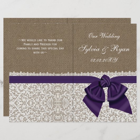 burlap dentelle blanche, violet plié programme de (Devant / Derrière)