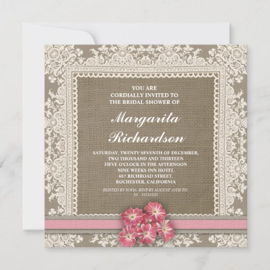 burlap dentelle et fleurs roses invitations de dou (Devant)