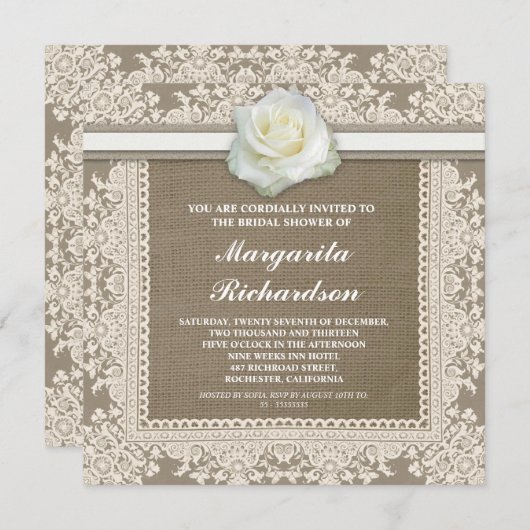 burlap dentelle et rose blanche invitation à la do (Devant / Derrière)