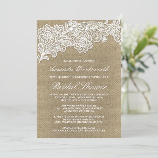 Burlap + Dentelle Mariage Invitations de douche nu (Debout devant)