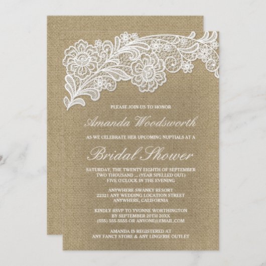 Burlap + Dentelle Mariage Invitations de douche nu (Devant / Derrière)