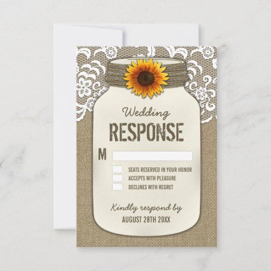 Burlap Dentelle Tournesol Mason Jar Mariage Cartes (Devant)