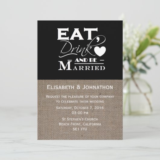 Burlap eet Drink en wordt huwelijksuitnodiging Kaart (Staand voorkant)