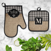 Burlap en Black Buffalo Check gepersonaliseerd Ovenwant & Pannenlap Set