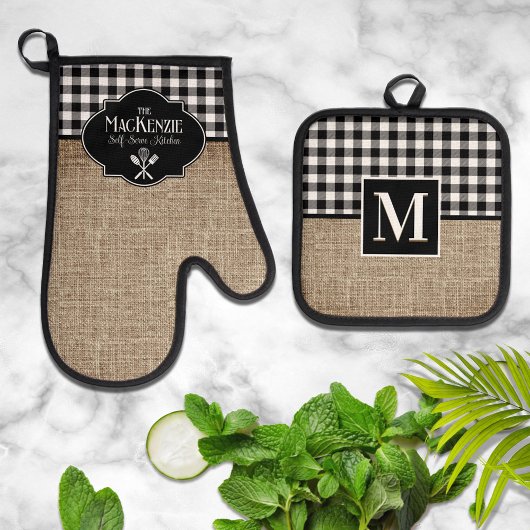 Burlap en Black Buffalo Check gepersonaliseerd Ovenwant & Pannenlap Set