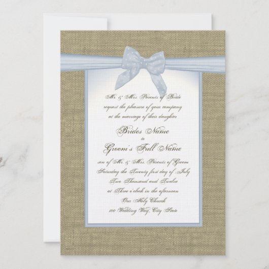 Burlap en Blue Bow Country Wedding Kaart (Voorkant)