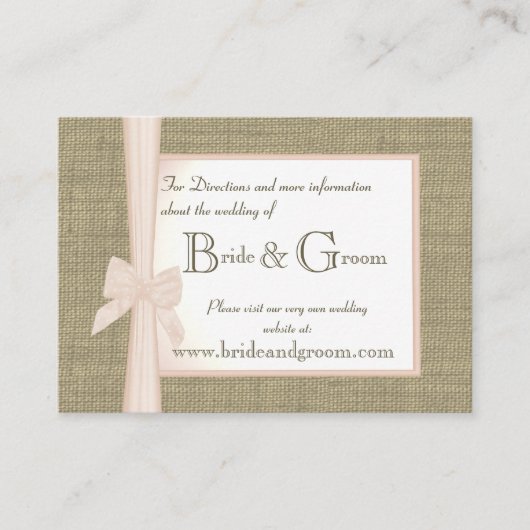 Burlap en Blush Bow Wedding Web Info Informatiekaartje (Voorkant)